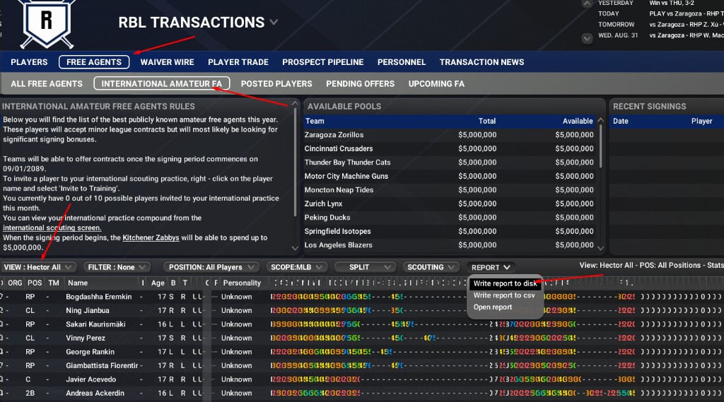 Free Agents International Amateur FA with Hector All view and Write report to disk