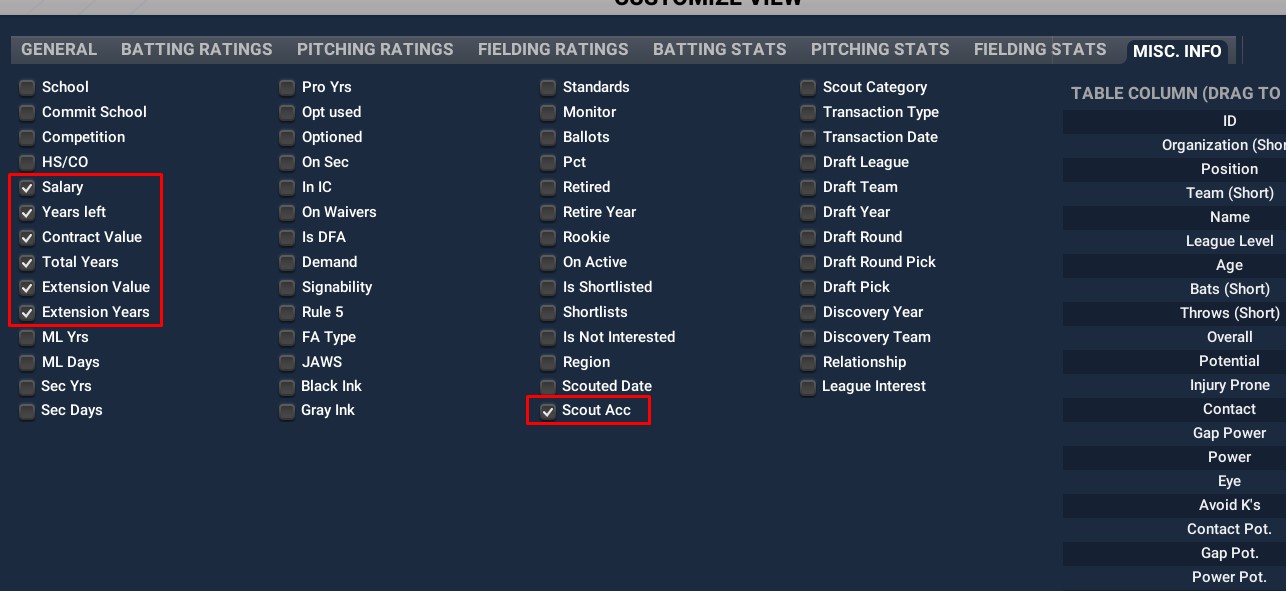 Customize View MISC INFO salary and Scout Acc