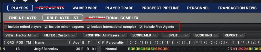 Open Players, Player List, and set include filters