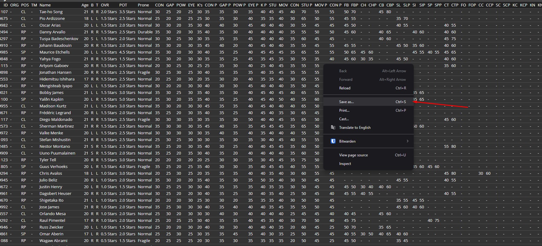Browser context menu Save as on player list HTML