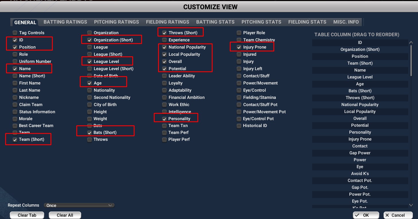 Customize View GENERAL tab column selections