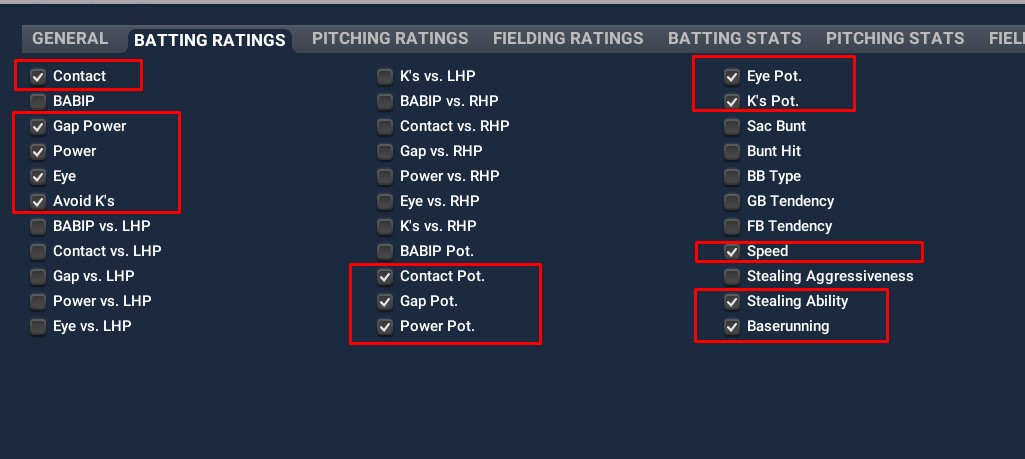 Customize View BATTING RATINGS tab
