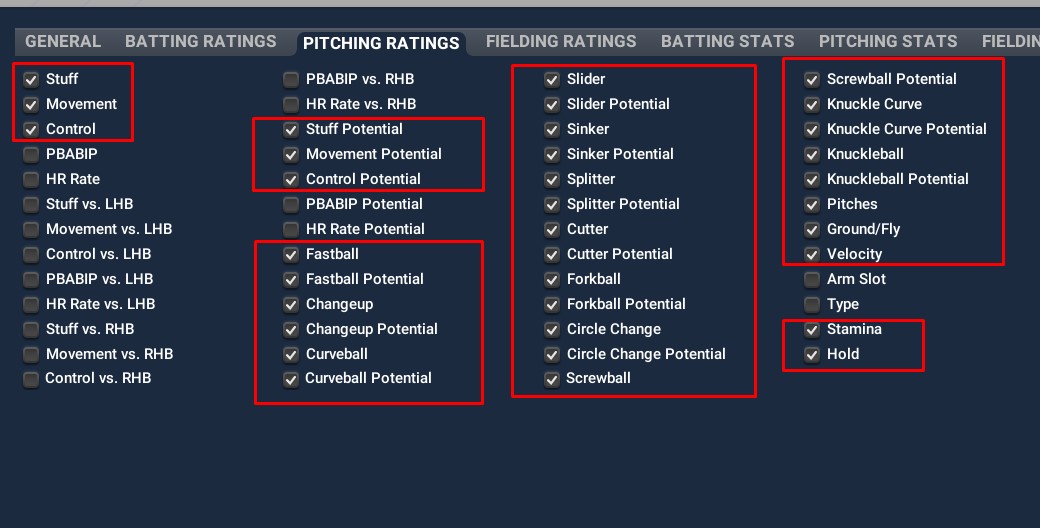 Customize View PITCHING RATINGS tab
