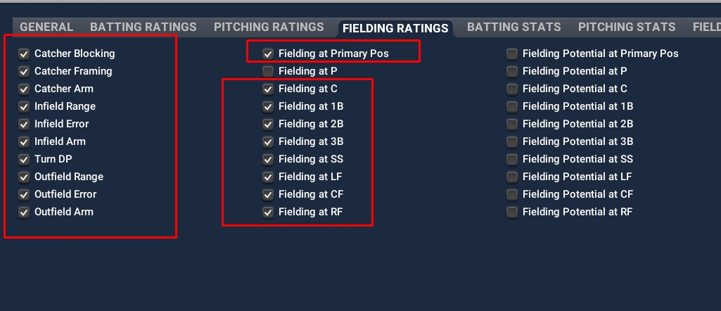 Customize View FIELDING RATINGS tab