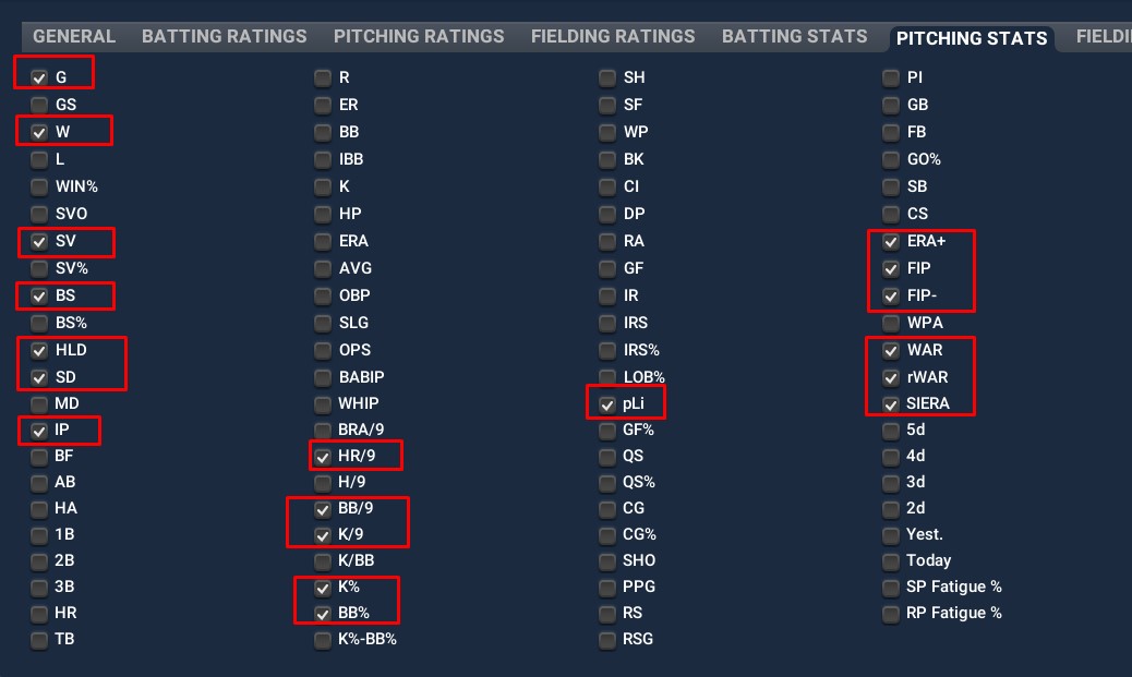 Customize View PITCHING STATS tab