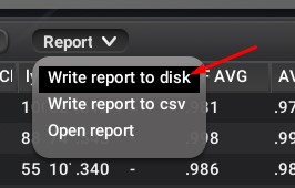 Report menu Write report to disk for team list