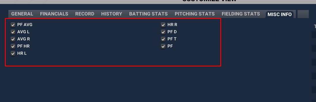 Customize View MISC INFO park factor columns